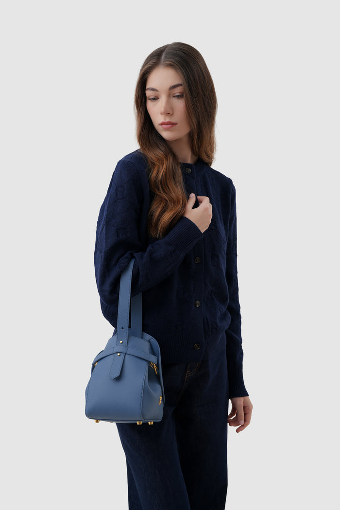 britney bag small with saffiano leather in bluebell by buttonscarves carried on wrist