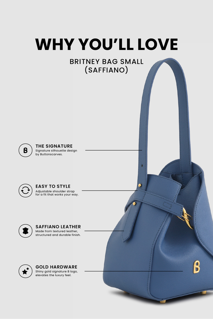 britney bag small with saffiano leather in bluebell by buttonscarves feature overview