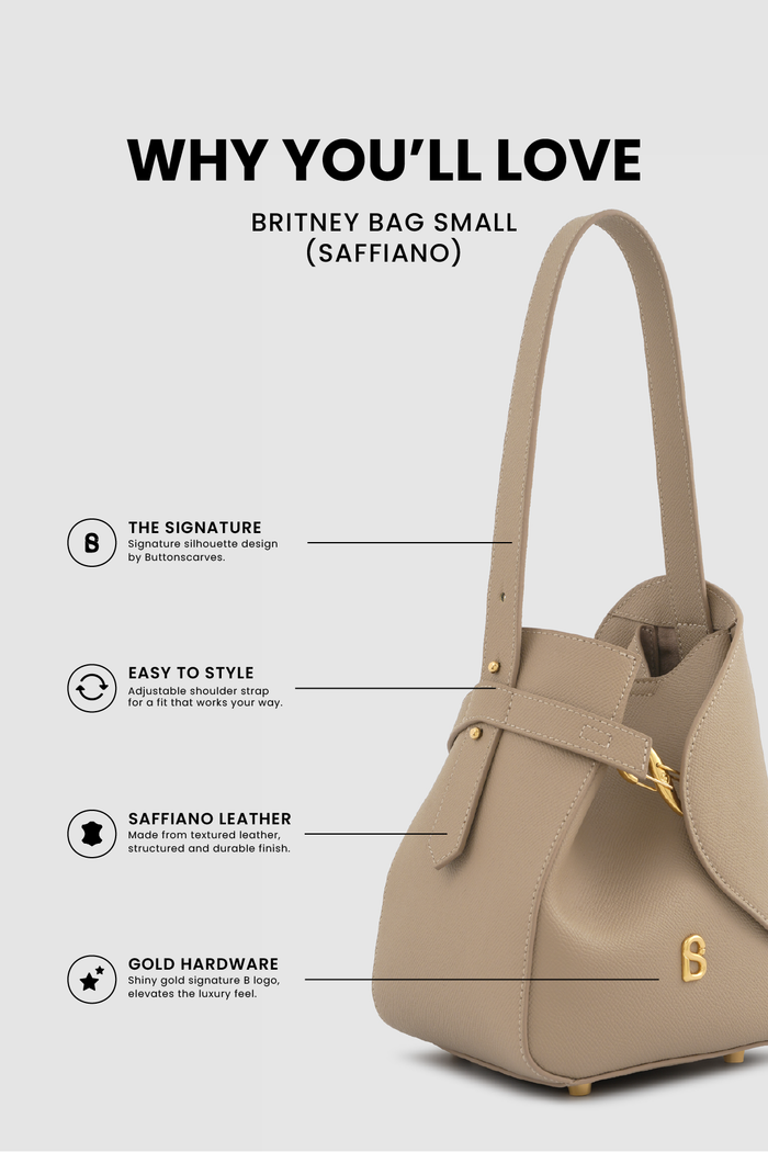 britney bag small with saffiano leather in clay by buttonscarves feature overview