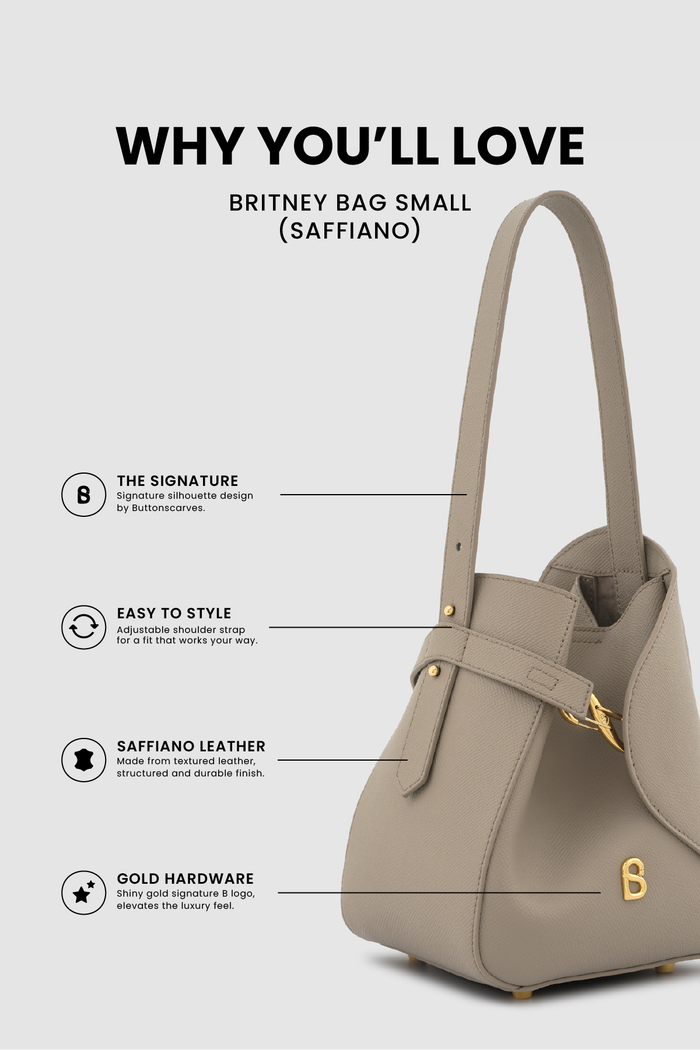 britney bag small with saffiano leather in creta by buttonscarves feature overview