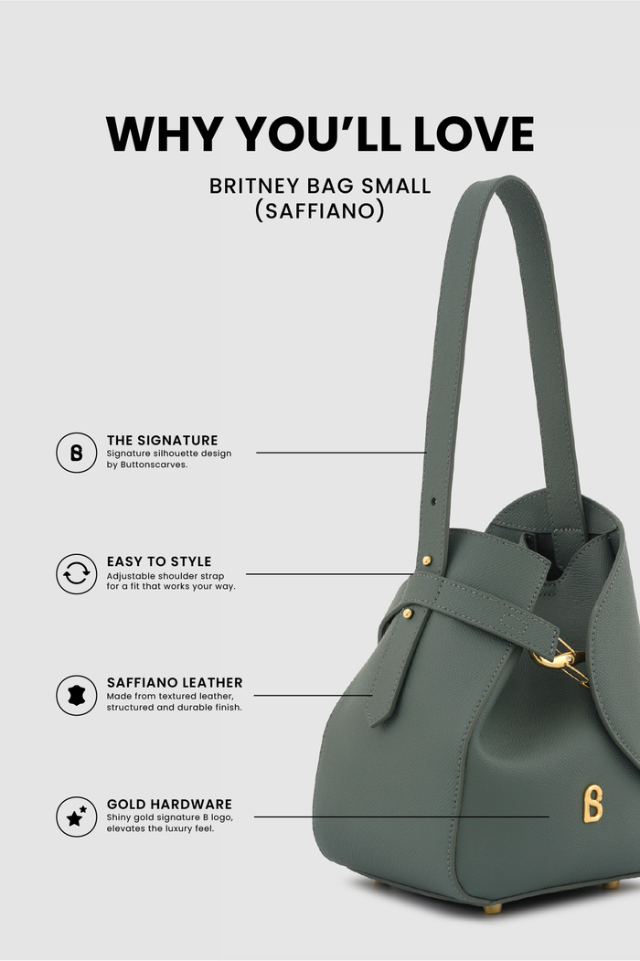britney bag small with saffiano leather in loden by buttonscarves feature overview