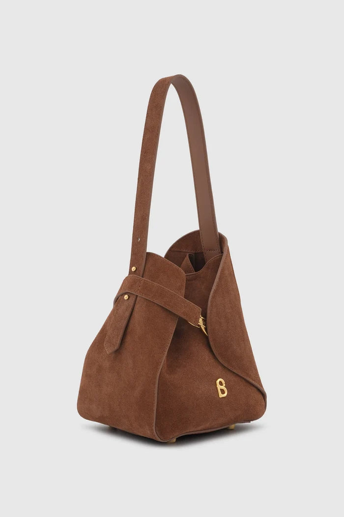 britney bag with suede leather in caramel by buttonscarves front view