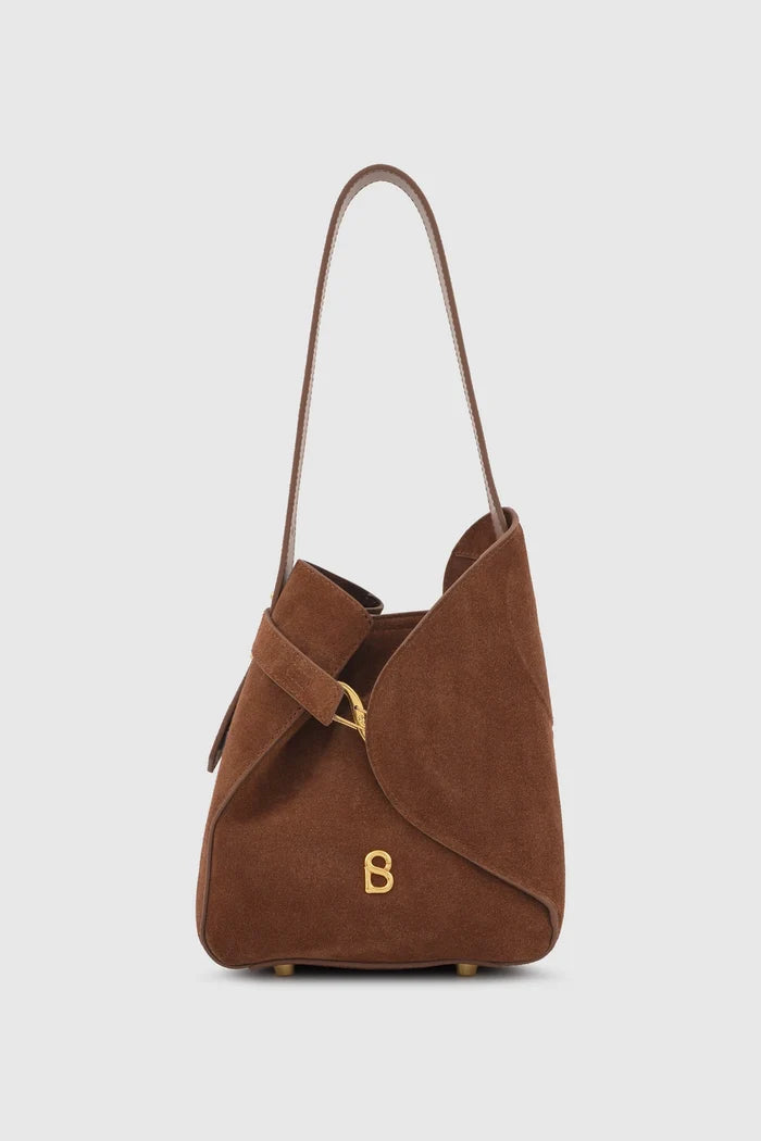britney bag with suede leather in caramel by buttonscarves front view