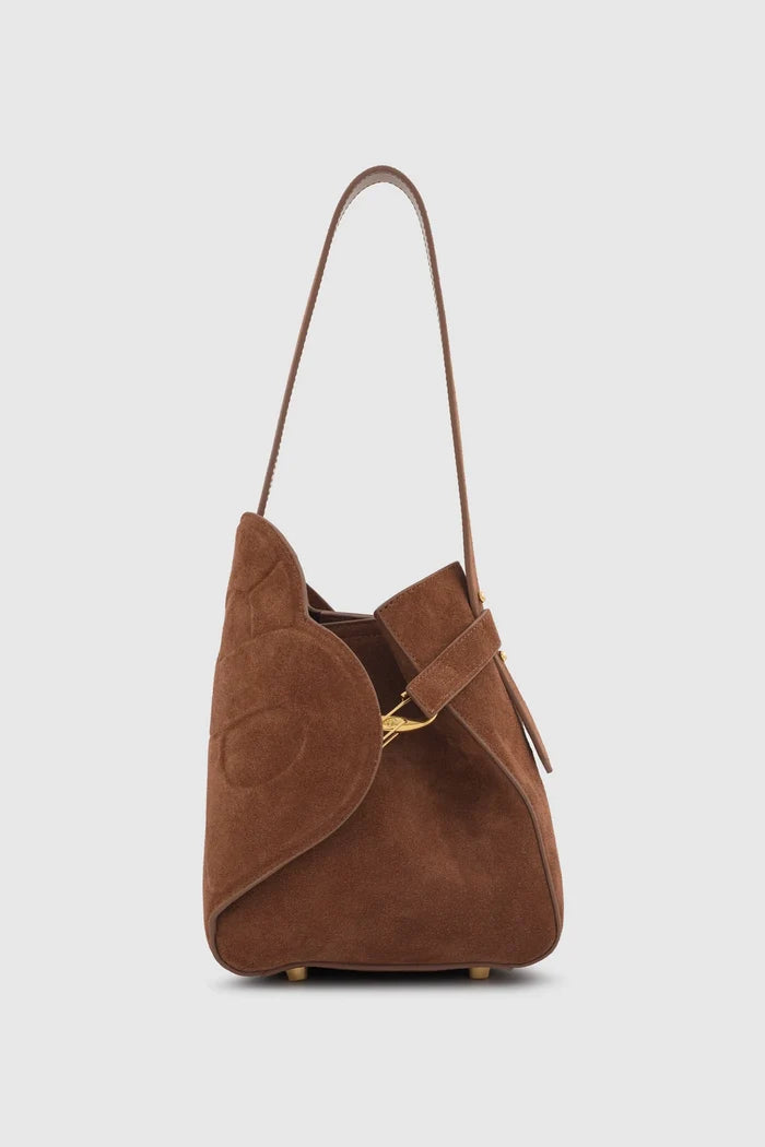 britney bag with suede leather in caramel by buttonscarves side view