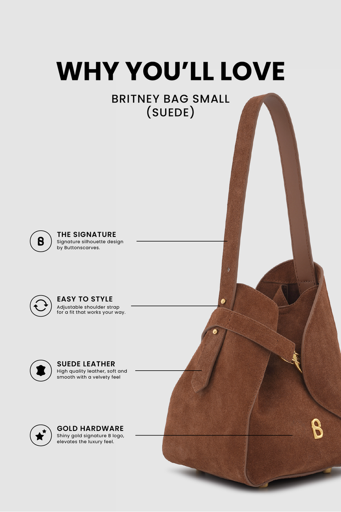 britney bag with suede leather in caramel by buttonscarves feature overview