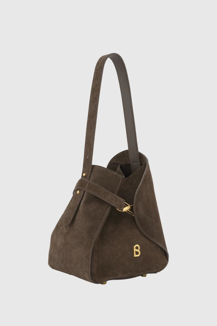 britney bag with suede leather in dark brown by buttonscarves front view