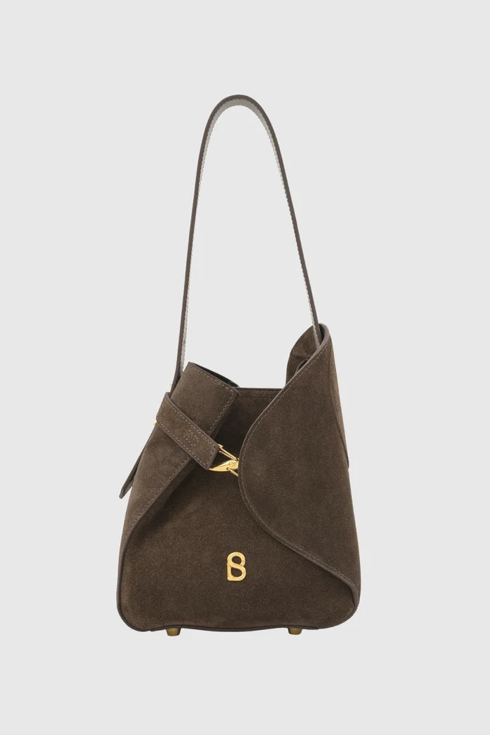 britney bag with suede leather in dark brown by buttonscarves front view