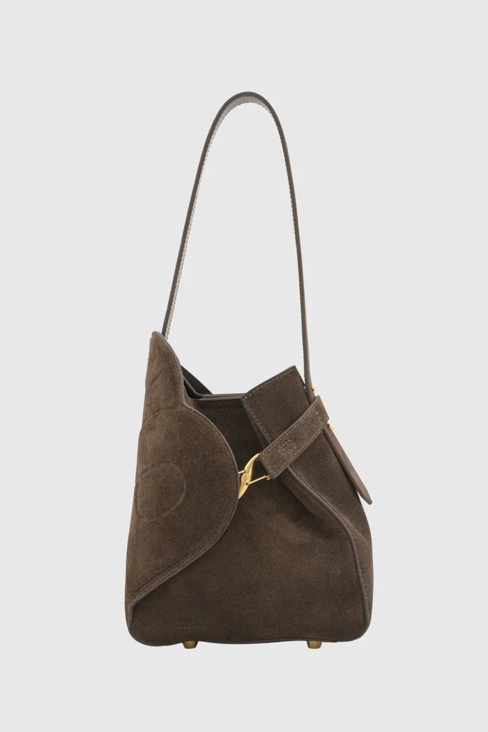 britney bag with suede leather in dark brown by buttonscarves back view