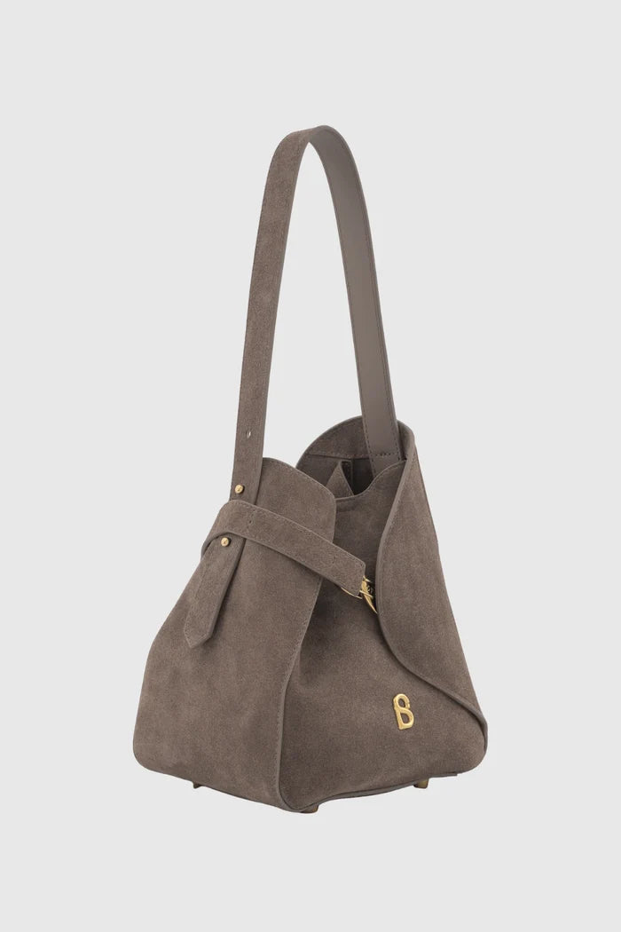 britney bag with suede leather in taupe by buttonscarves front view