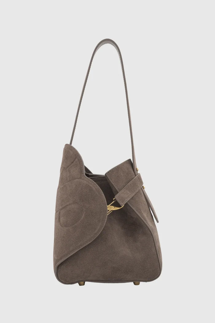 britney bag with suede leather in taupe by buttonscarves side view