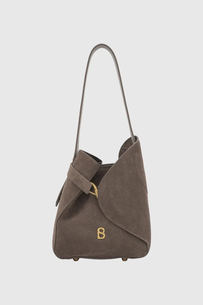 britney bag with suede leather in taupe by buttonscarves side view