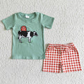 BSSO0001 Farm Cow Embroidery Green Top Plaid Shorts Boys Summer Outfits