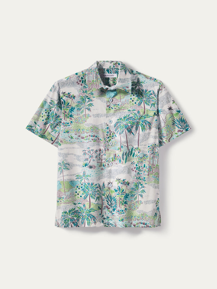 Green and blue tropical palm-print short-sleeve cotton shirt, front and detail views.