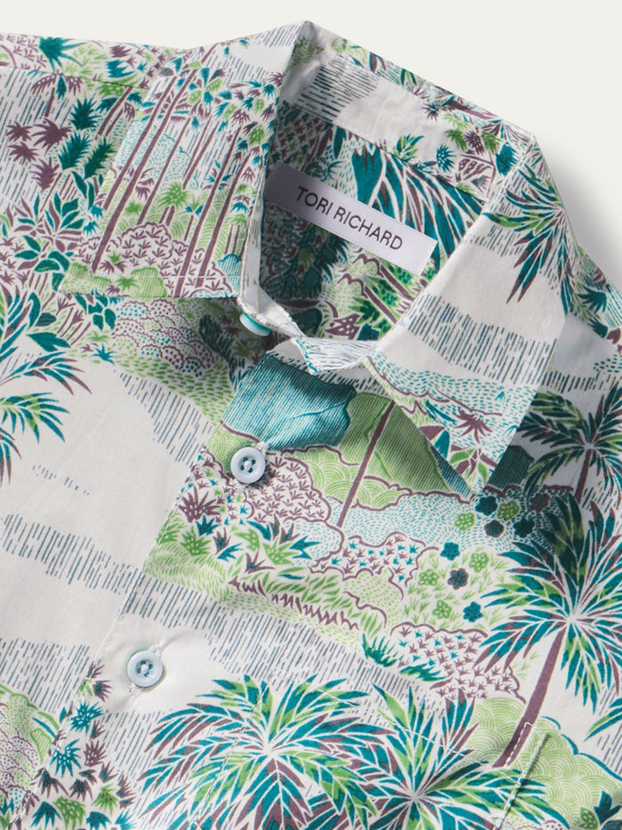 Multicolor tropical-print cotton short-sleeve shirt with collar, front view.
