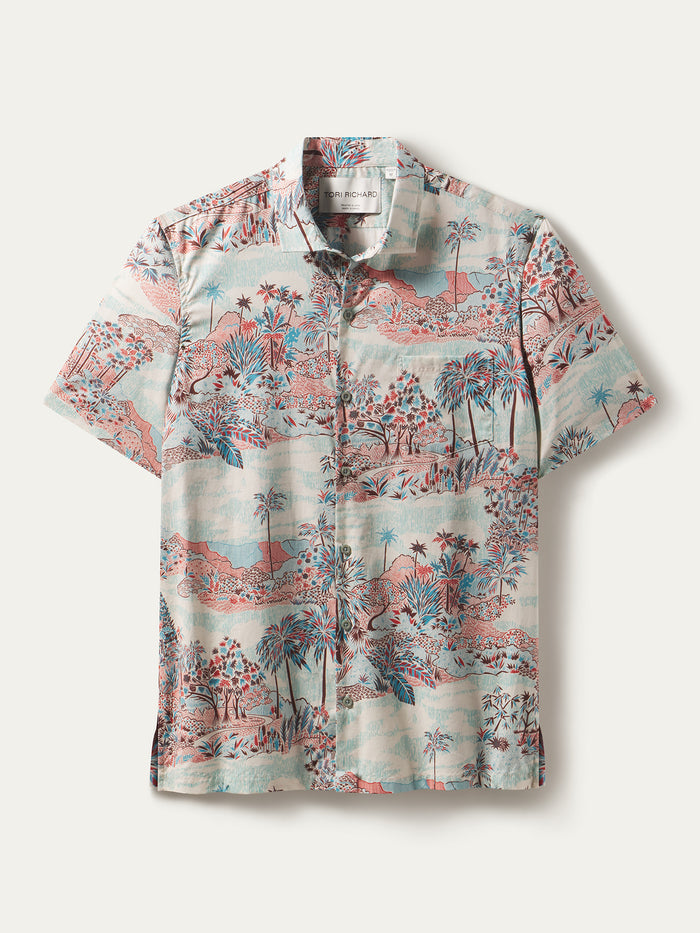 Pink and blue tropical landscape-print short-sleeve cotton lawn shirt, front view.