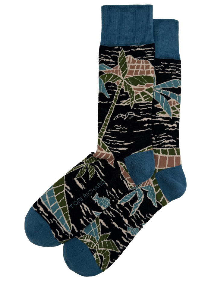 Multicolor palm tree and wave print crew socks with Tori Richard text, shown in full and side views.