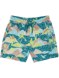 Teal and multicolor tropical-print swim trunks with teal drawstring, front view.