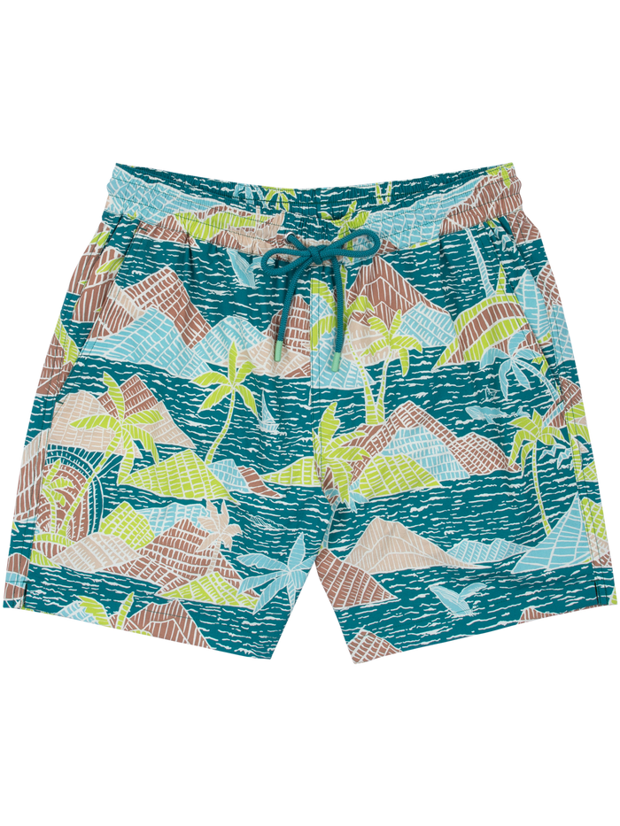 Teal and multicolor tropical-print swim trunks with teal drawstring, front view.