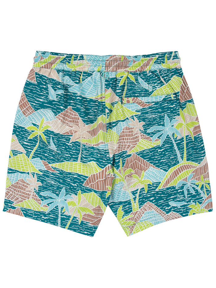 Teal and multicolor tropical-print swim trunks with teal drawstring, front view with quick-dry fabric & UPF protection.