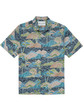 Navy shirt with colorful tropical island and palm tree print, front view.