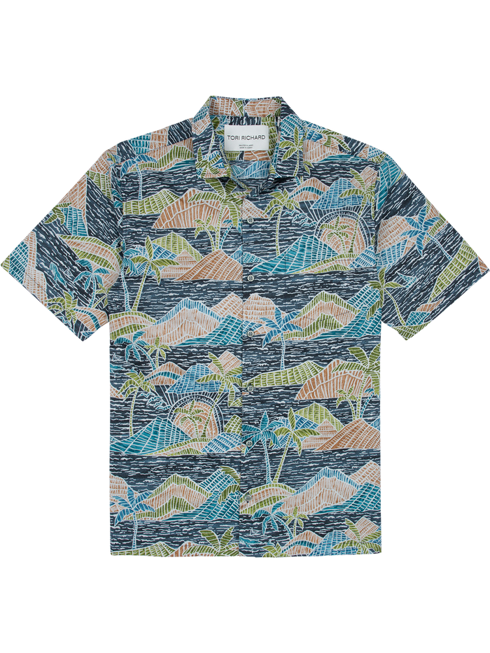 Navy shirt with colorful tropical island and palm tree print, front view.