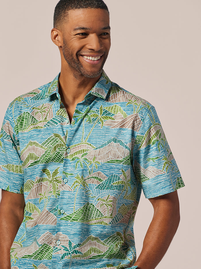 Blue and green abstract print cotton short-sleeve shirt, front view.