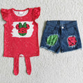 Cartoon Mouse Watermelon Top denim shorts Girls summer outfits  D12-3