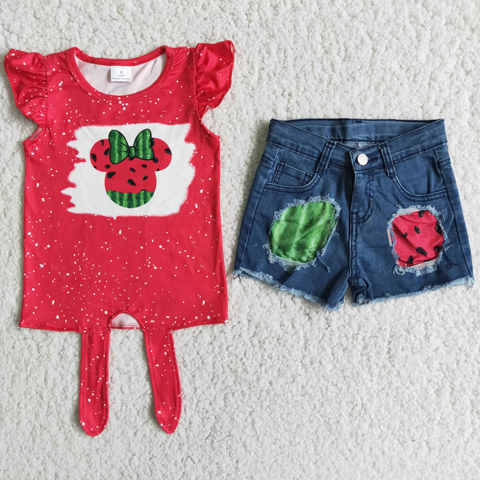 Cartoon Mouse Watermelon Top denim shorts Girls summer outfits  D12-3