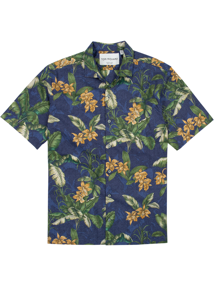 Blue Hawaiian short-sleeve shirt with green leaf and yellow orchid print, front view.