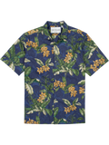 Blue Hawaiian short-sleeve shirt with green leaf and yellow orchid print, front view.