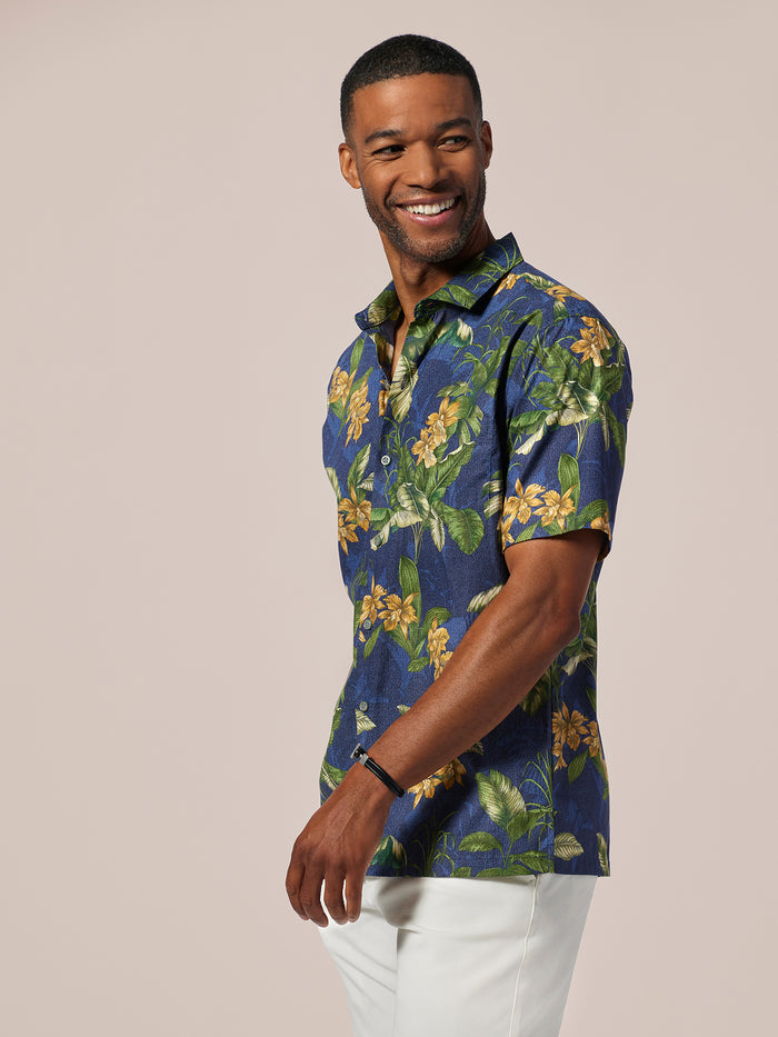 Blue cattleya floral-print short-sleeve shirt, front view.
