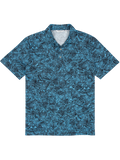 Blue hibiscus-print short-sleeve polo shirt, front view, moisture-wicking fabric.