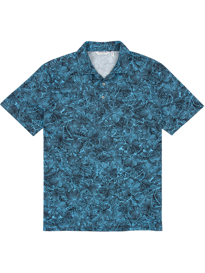 Blue hibiscus-print short-sleeve polo shirt, front view, moisture-wicking fabric.