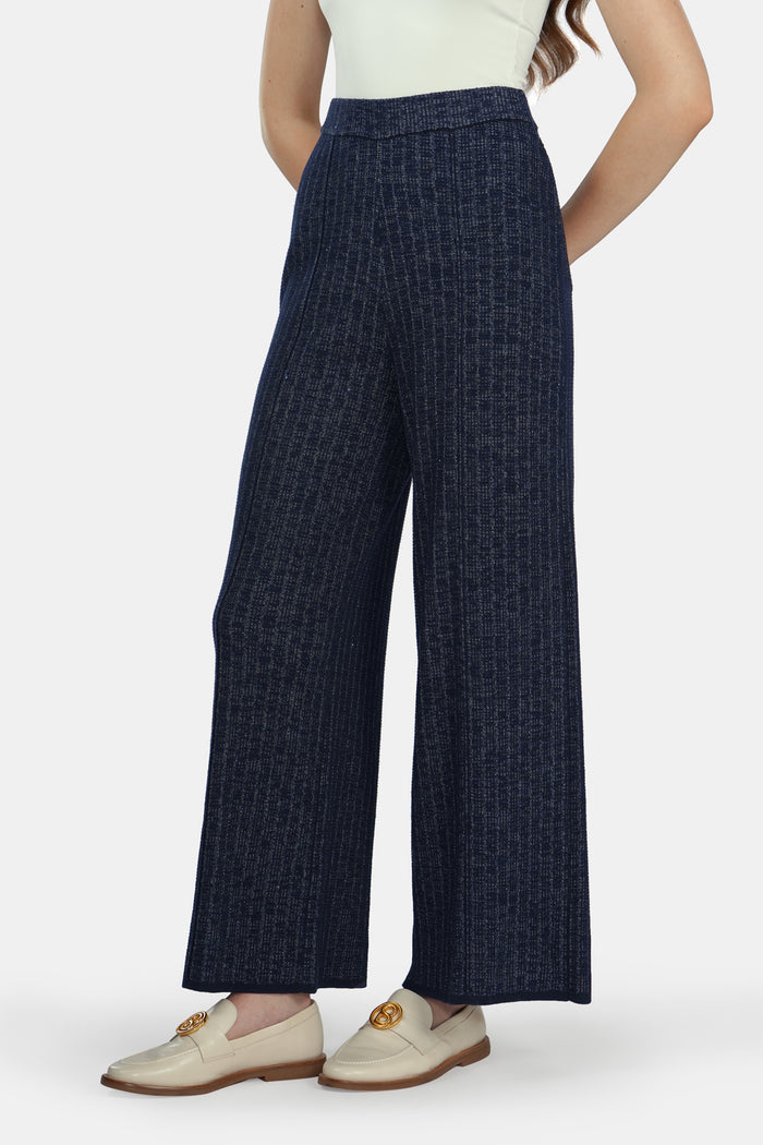 charlotte knit pants in navy by buttonscarves front view
