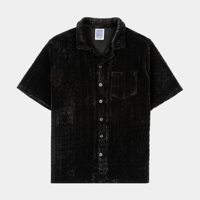 Chenille Button Up Mens Short Sleeve Shirt (Black)