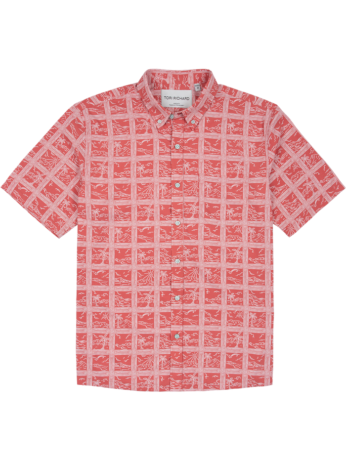 Red and white geometric pattern, short-sleeve shirt, front view, with moisture-wicking fabric detail.