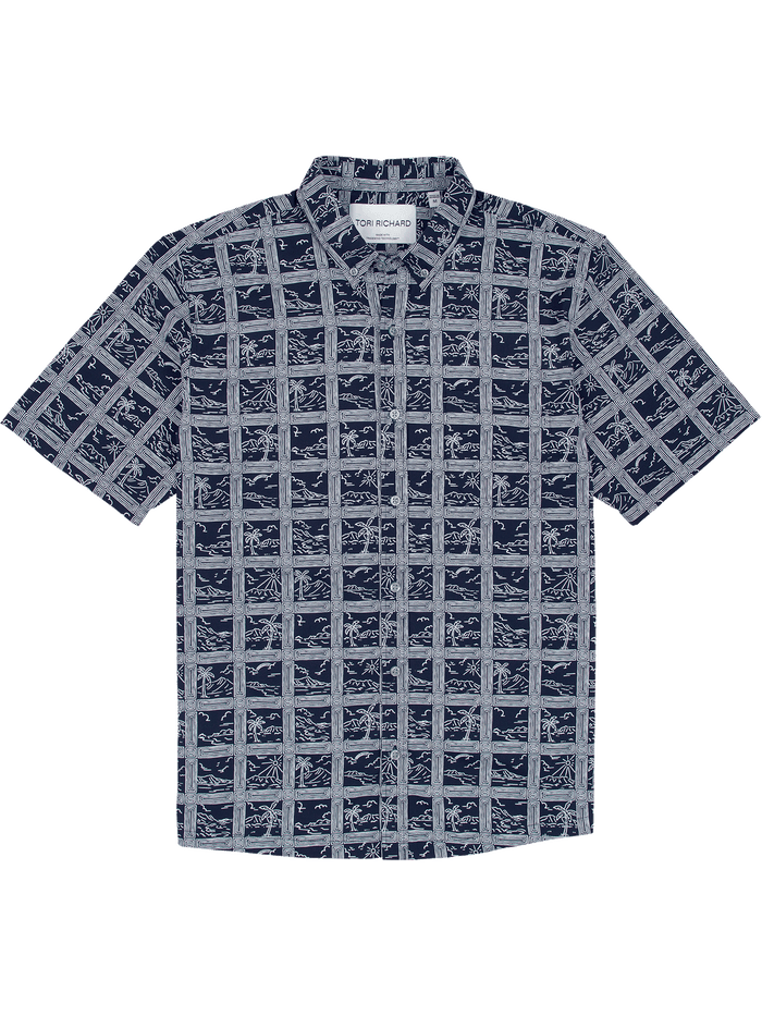 Navy short-sleeve shirt with white grid and tropical print, quick-dry fabric, front view.