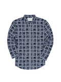 Blue and white grid-pattern long-sleeve shirt with geometric landscape print, flat lay view.