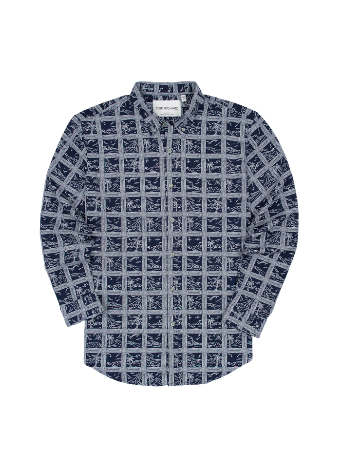 Blue and white grid-pattern long-sleeve shirt with geometric landscape print, flat lay view.