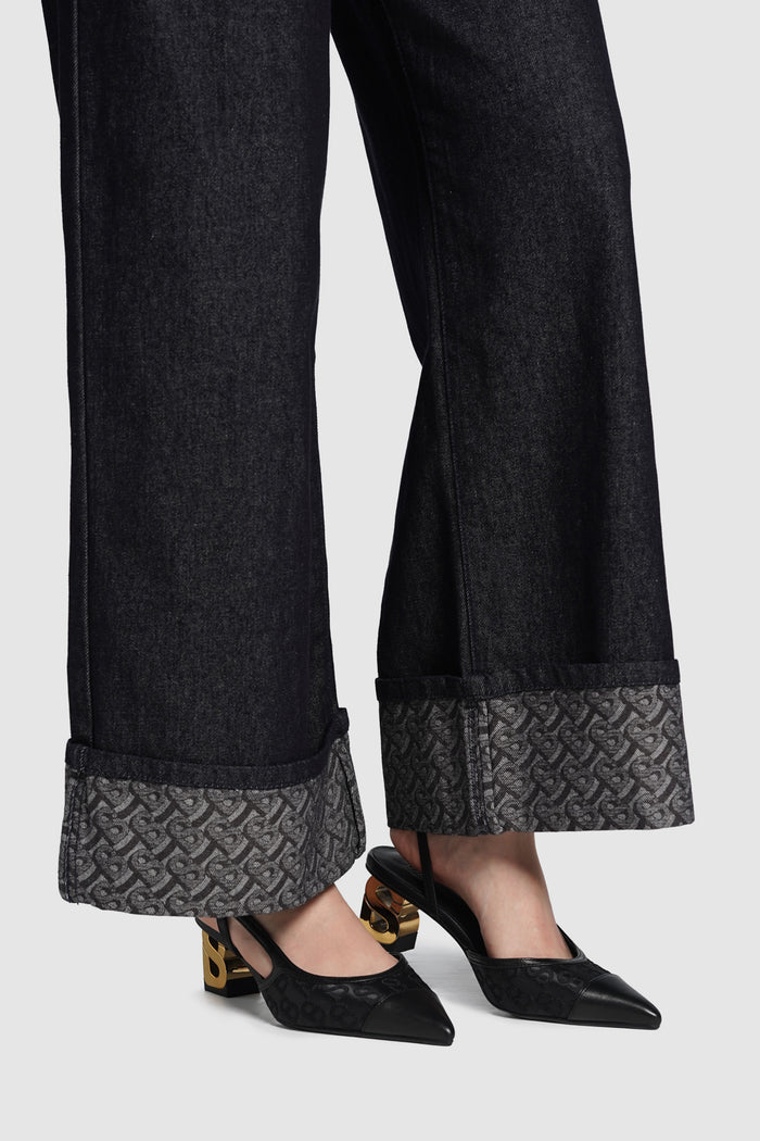 claire denim pants in black by buttonscarves bimu monogram roll-up cuffs detail