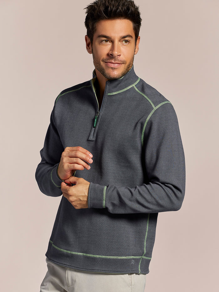 Dark quarter zip pullover with green contrast stitching, side view of smiling man.