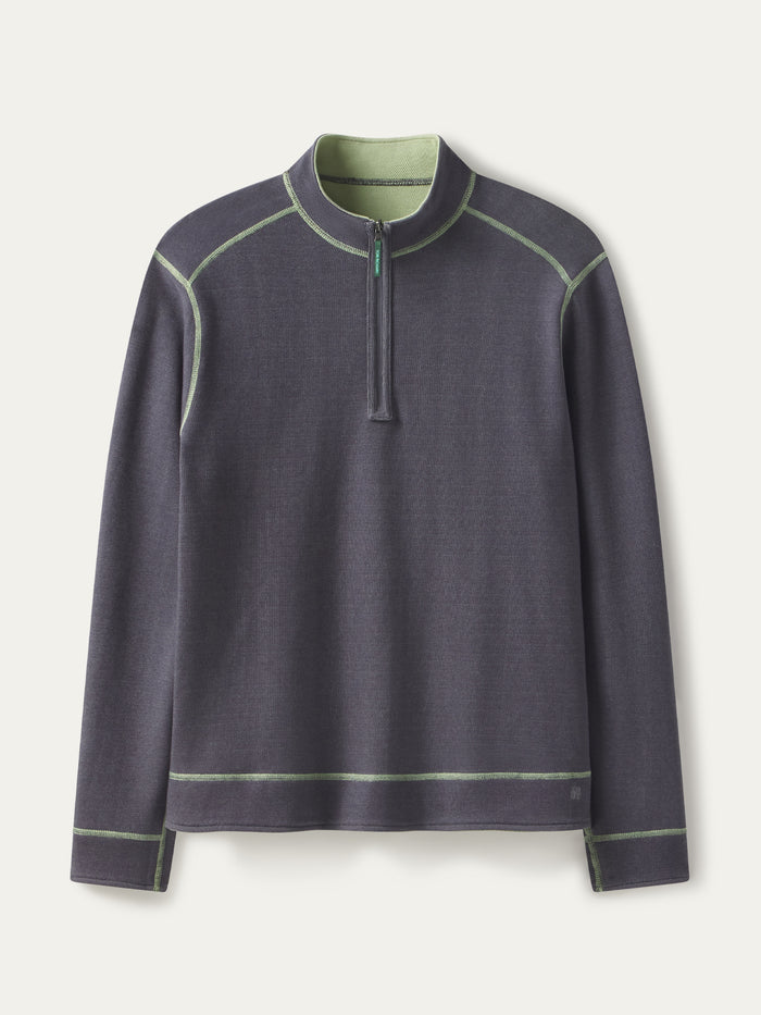 Dark gray quarter zip pullover with contrast stitching and light green collar, front view.