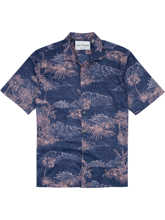 Navy and pink palm-and-mountain print short-sleeve cotton shirt, front view.