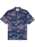 Navy and pink palm-and-mountain print short-sleeve cotton shirt, front view.