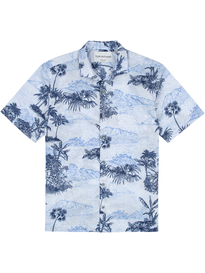 Light blue cotton shirt with palm tree and mountain print, front view.