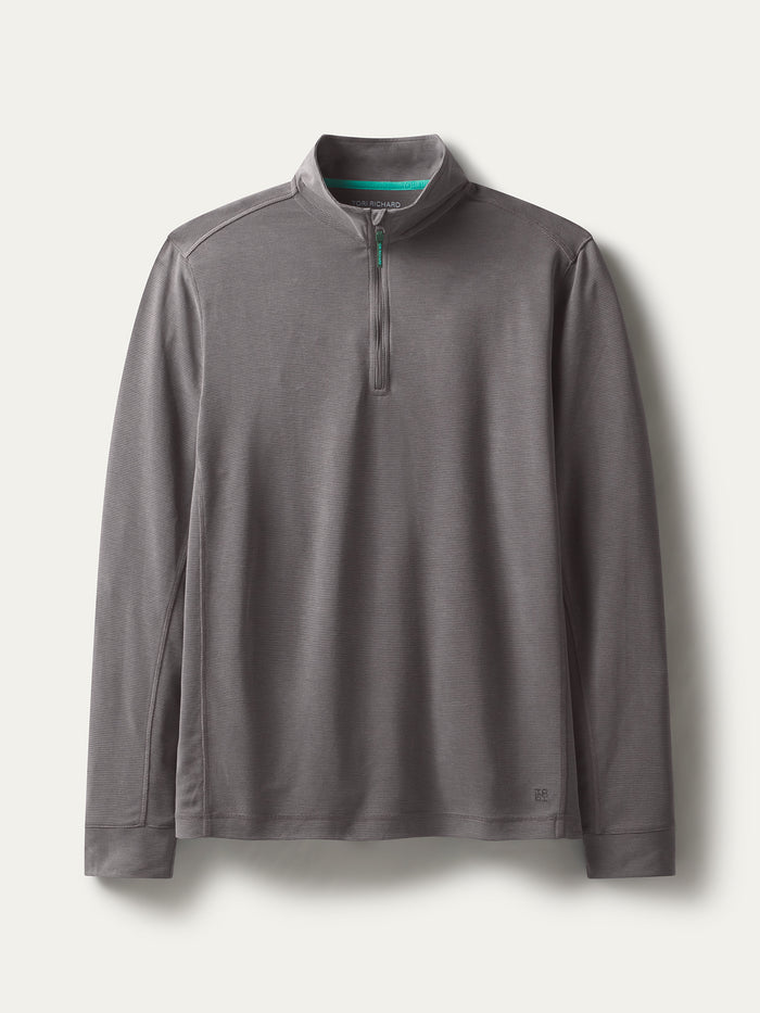 Gray solid long-sleeve quarter-zip pullover, flat lay on white background.
