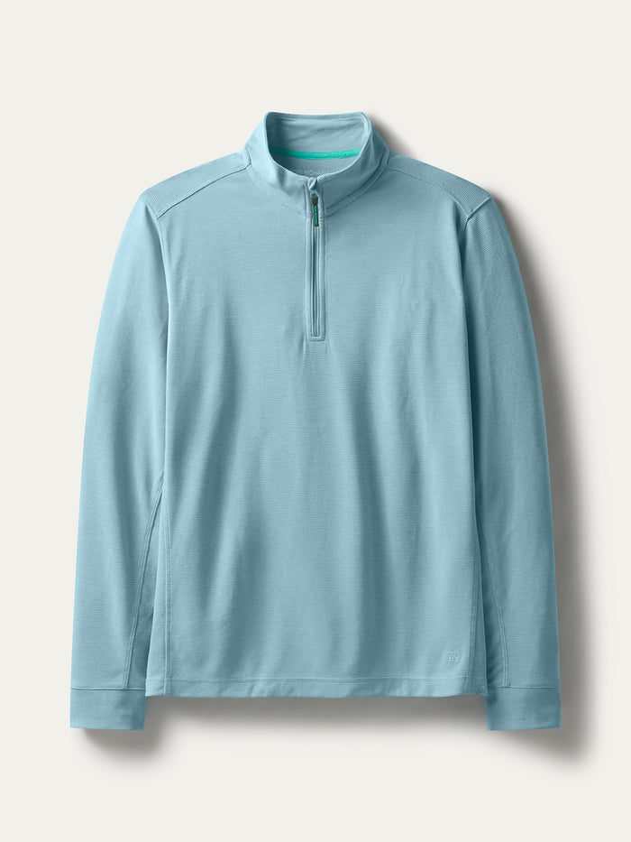 Light blue quarter-zip pullover with stand collar, laid flat, front view shown in two images.