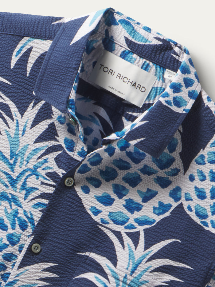 Navy Blue and white pineapple-patterned cotton shirt, Tori Richard tag visible.