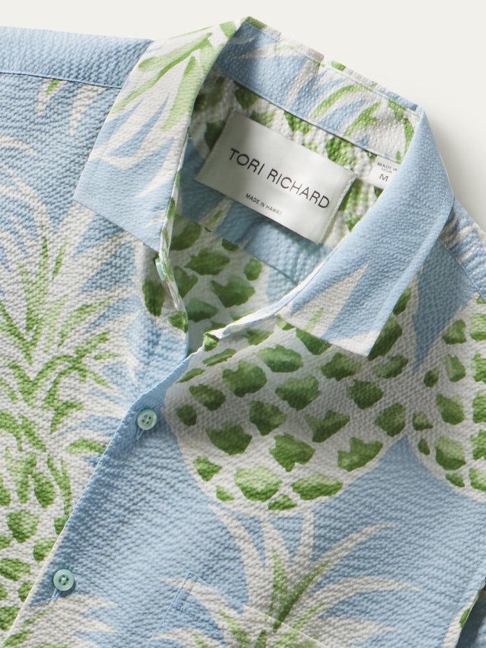 light Blue short-sleeve and green pineapple-print puckered cotton shirt, collar detail showing Tori Richard label.