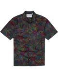 Neutral multicolored cotton short-sleeve shirt with colorful abstract floral print/pattern, front view.